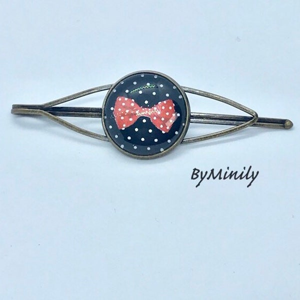 Barrette cabochon, noeud, rockabilly, original,  pois, noir et rouge