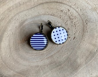 Glass cabochon earrings, blue polka dots, stripes, mismatched, sleepers