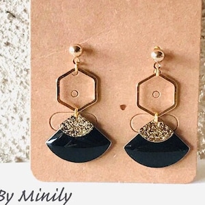 Pendientes colgantes de lentejuelas esmaltadas en negro, abanico y gráfico