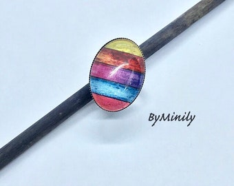 Bague cabochon ovale, effet bois, multicolore, femme, cabochon en verre