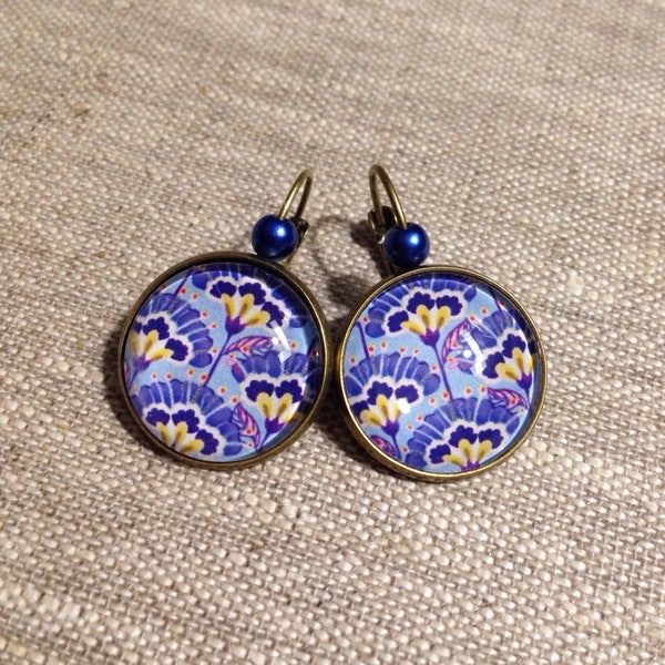 Dormeuses cabochons en verre, boucles D'oreilles, fleurs, japonais, bleu