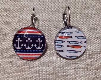 Cabochon earrings, sailor, fish, anchor, sea, summer, sleepers, glass cabochons