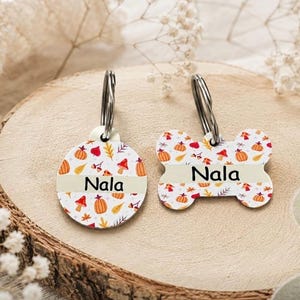 May include: Two pet ID tags, one circular and one bone-shaped, featuring a white background with a repeating pattern of orange pumpkins, red mushrooms, and yellow autumn leaves. Each tag has a horizontal cream-colored stripe with the name Nala.