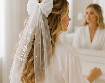 Bride To Be White Bow Veil with Pearls, Hen Party Accessory, for Bride to be, Wedding Veil, Hen Weekend, Bachelorette Veil, Future Bride