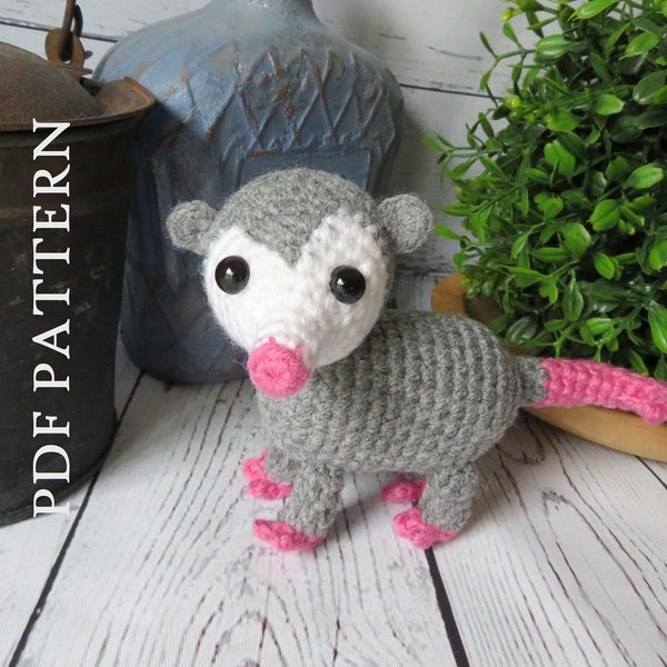 Crochet Possum PDF Pattern, Opossum Amigurumi tutorial, instructions, gift for crocheter, animal lover, DIY Make your own.