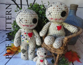 Voodoo Dolls, 3-in-one Crochet Pattern: Standing, sitting, and tiny. Goth gift, scary, creepy, eerie, witchy, Make your own!