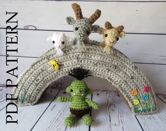 Billy Goats Play Set Crochet pattern with Troll and bridge, game, gift for child, keepsake, baby shower, birthday, DIY Make your own!