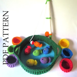 Crochet Angler Set PDF Pattern in Englisch. Magnetisch. Angel, Fisch, Teich und Sortierbecher nach Farbe. 2 Sortiering Geschenk für Baby und Kleinkind.