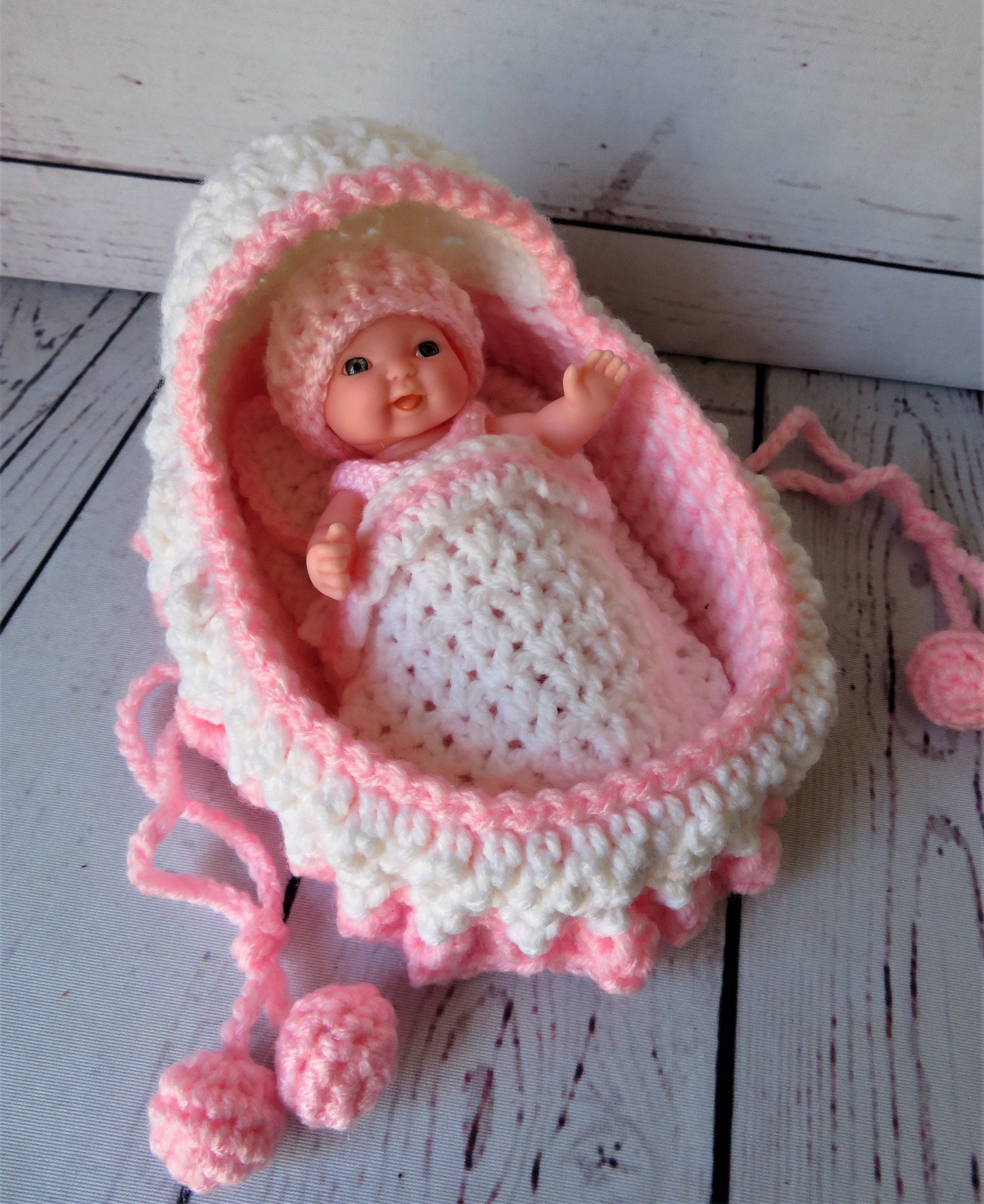 Crochet Cradle Purse with Doll and accessories Pink and White Etsy