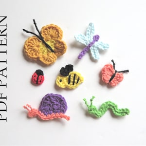 Crochet Insect Applique Patterns: Butterfly, Bee, Dragonfly, Snail, Inchworm, Ladybug (PDF Pattern)