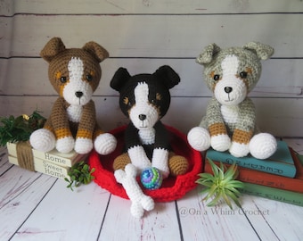 Aussie Puppies! Crochet Australian Shepherd, Black Tri, Red Tri, Blue Merle, Crochet Dog. Optional accessories: bed, bone and ball