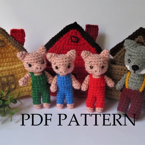 Crochet Pigs Play set, with wolf and 3 house designs. Pdf Crochet Pattern. Gift for boy, girl, or baby. DIY; Instructions to make your own.