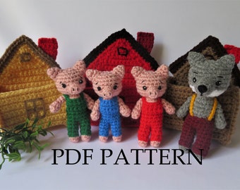 Crochet Pigs Play set, with wolf and 3 house designs. Pdf Crochet Pattern. Gift for boy, girl, or baby. DIY; Instructions to make your own.