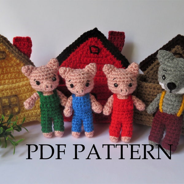 Ensemble de jeu pour cochons au crochet, avec un loup et 3 motifs de maison. Modèle de crochet pdf. Cadeau pour garçon, fille ou bébé. Bricolage ; Instructions pour créer le vôtre.