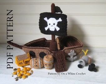 Pirate Ship Crochet Pattern with accessories, PDF instructions, treasure chest, cannon, anchor, life preserver & more! Gift for boy or girl