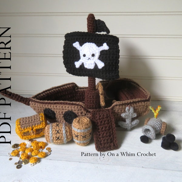 Pirate Ship Crochet Pattern with accessories, PDF instructions, treasure chest, cannon, anchor, life preserver & more! Gift for boy or girl