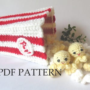 Zestaw szydełkowy popcornu, wzór szydełkowy PDF w języku angielskim. Instrukcje dotyczące pojemnika, postaci popcornu amigurumi i małych kawałków popcornu.