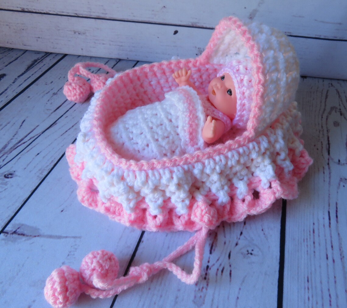 Crochet Cradle Purse with Doll and accessories Pink and White Etsy