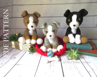 Aussie Puppies! Crochet Pattern, Australian Shepherd, Black Tri, Red Tri, Blue Merle, Crochet Dog. Includes pattern for bed, bone and ball