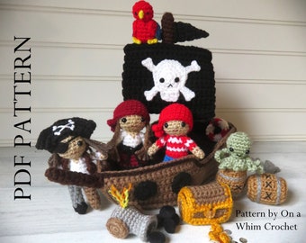 Pirate Play Set Crochet Pattern - Instructions for full set: ship, dolls, animals and accessories, octopus, parrot, treasure chest, etc