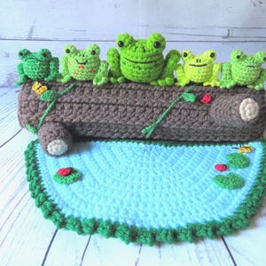 Crochet Frog Play Set, PDF Crochet Pattern in English. Log serves as a storage case. Interactive toy great gift for a preschool class.