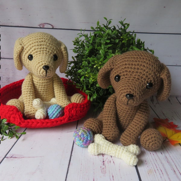 Chiots au crochet ! Modèle de crochet, Golden Retriever, laboratoire chocolat ou noir, Crochet Dog comprend un lit, un os et une balle, bricolage ; faire votre propre!