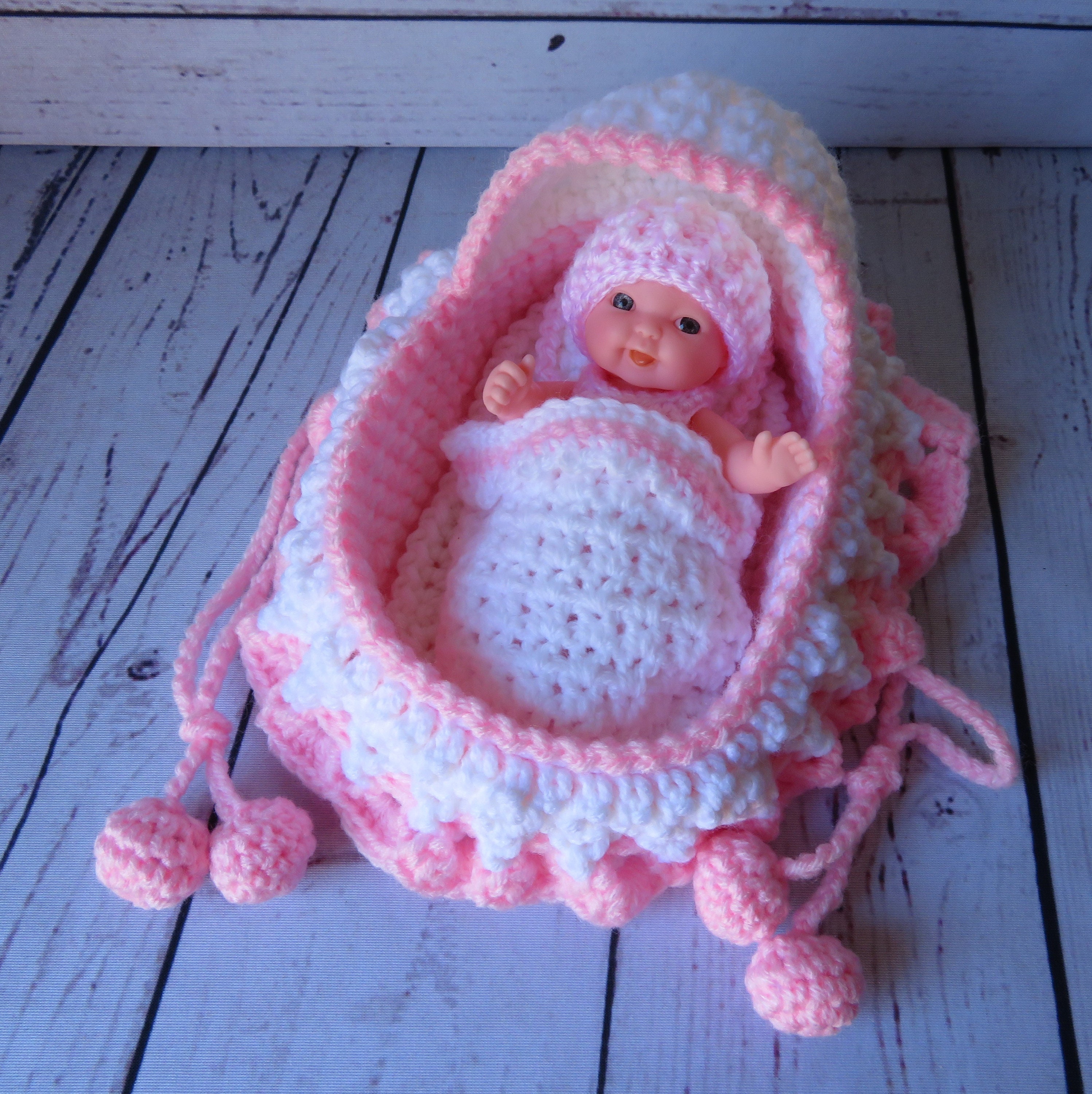 Crochet Cradle Purse with Doll and accessories Pink and White Etsy