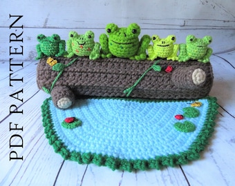 Crochet Frog Play Set, Crochet Pattern, Gift for preschool, girl or boy, interactive toy, log is storage case, amigurumi, Make your own!