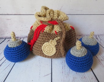 Crochet Bomb Bag with 3 Bombs - Completed Set, bomb bag, dice, gift for gamer, plush bombs, drawstring bag, gift for teen anime