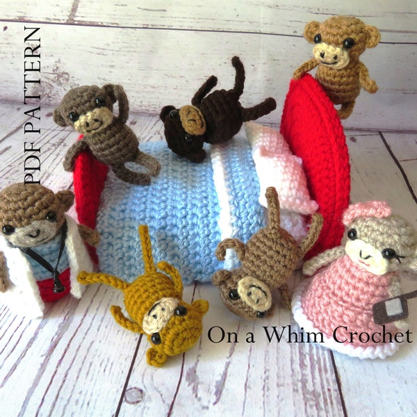 Monkey Play Set PDF Pattern, Crochet instructions to make the five little monkeys, two adult monkeys, tote bag with applique, bed, DIY