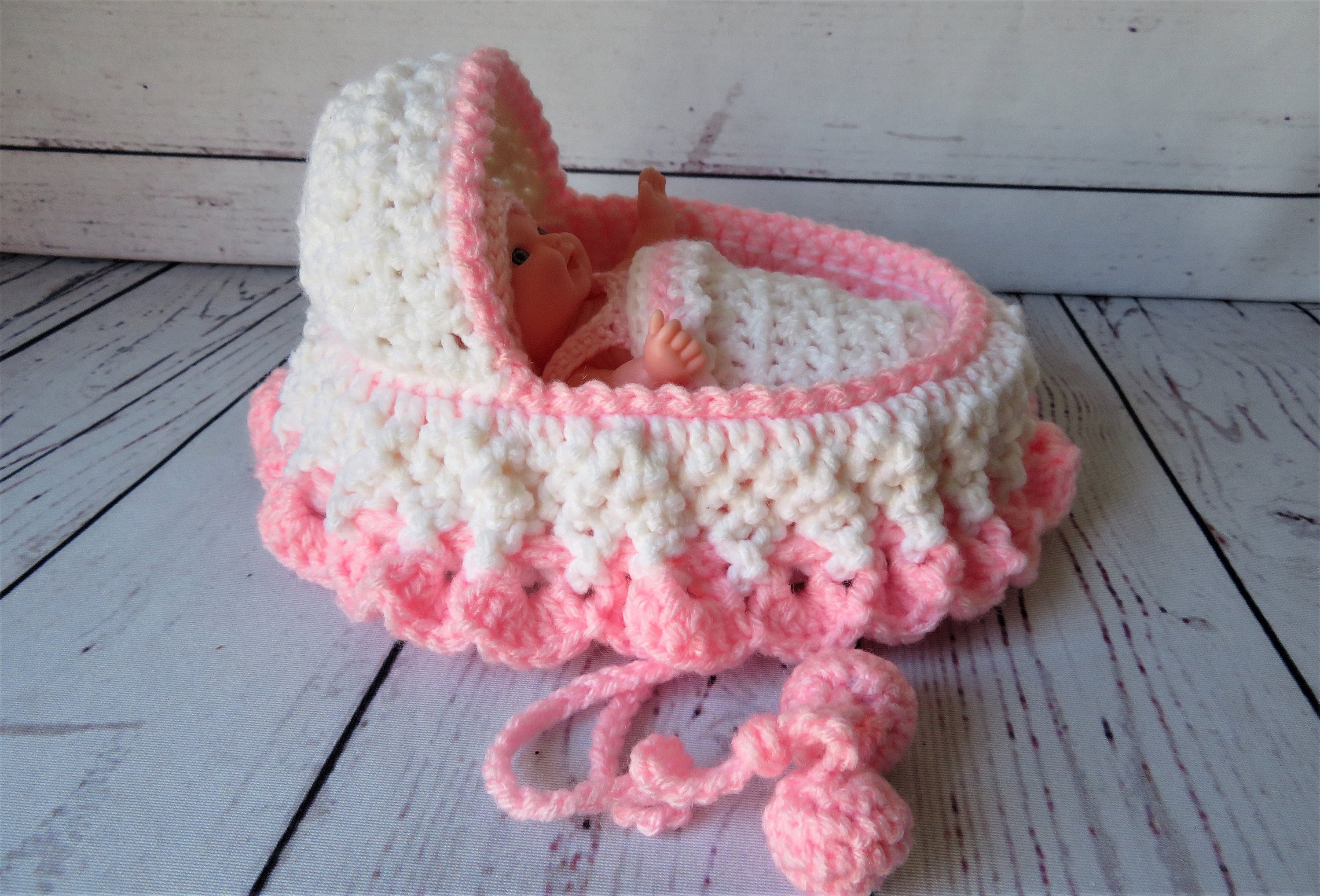 Crochet Cradle Purse with Doll and accessories Pink and White Etsy