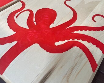 Havsdjur i lönnträ med serveringsbricka/väggdekoration i epoxi