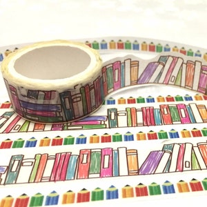 Bookshelf washi Masking tape 5M colorful books wood pencil deco masking tape Reading planner Library books scrapbook diary sticker gift image 1