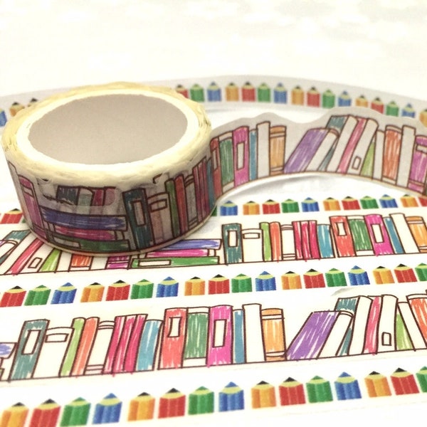 Bookshelf washi Masking tape 5M colorful books wood pencil deco masking tape Reading planner Library books scrapbook diary sticker gift