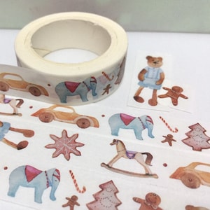 fita washi com tema de brinquedo 8 M ursinho de pelúcia boneco de gengibre cavalo de balanço carro de brinquedo elefante fofo para criança chá de bebê lembrancinhas fita de embrulho de presente