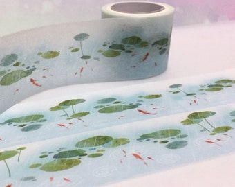 water lily koi fish pond washi masking tape rainy scene water plant pink waterlily lotus lily pads green leaf sticker water lily decoration