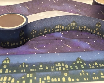 Starry night city shooting star washi tape 5M fancy scenery landscape deep blue sky Washi masking tape decor outer space diary planner gift