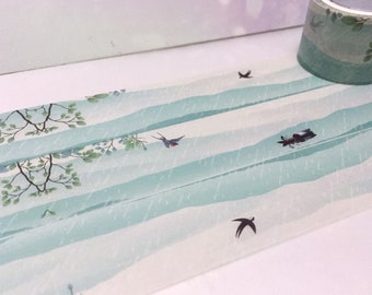 Seerose See Washi Tape Frühling Landschaft Schwalbe Vogel Fischmann blau See Regentag LotusBlatt Koi Fische Regenszene Dekor Masking Sticker