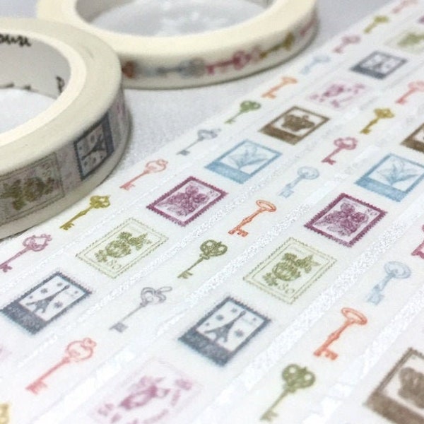 2 rouleaux x 5M timbre-poste rétro vintage clé washi ruban, Set motif classique timbre timbre vintage motif slim autocollant décor planner