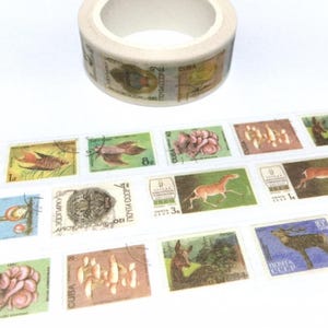 vintage stamp washi tape 8M x 1.5cm animal wild animal wild plant deer horse world postage stamp label sticker tape traveller gift idea image 1