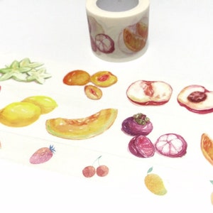 Pêssego, damasco, romã, limão, carambola, melancia, melão, frutas mistas, fita adesiva larga, fita washi com tema de frutas, adesivo decorativo para festa de frutas