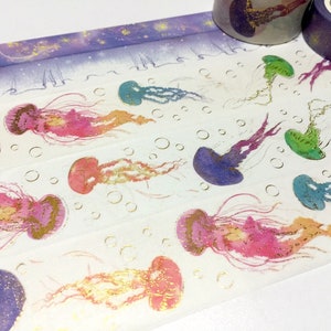 Cinta washi de medusas de 3 cm x 5 m, medusas doradas, medusas coloridas, medusas de acuarela, cinta adhesiva ancha, decoración elegante del mundo submarino, regalo