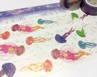 Cinta washi de medusas de 3 cm x 5 m, medusas doradas, medusas coloridas, medusas de acuarela, cinta adhesiva ancha, decoración elegante del mundo submarino, regalo