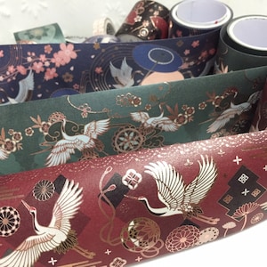5 rotoli di nastri washi con uccelli orientali, gru tradizionale con lamina d'oro, ventaglio di carta giapponese, adesivo con nuvola orientale, progetto di arte asiatica, regalo di arredamento