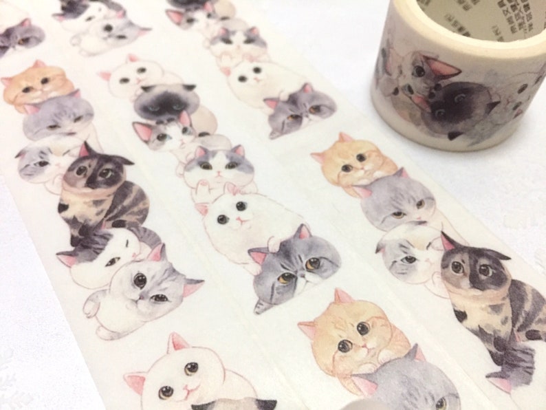 super süße Katzen gruppe washi masking tape 1 Rolle 5M x 3cm Katzen team wild tape lustiges Katzenkopf fat cat big eyes Katze Deko Katzen Planer Tagebuch Geschenk Bild 3