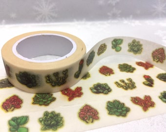 May include: A roll of washi tape with a white background and a repeating pattern of green succulents and red flowers.