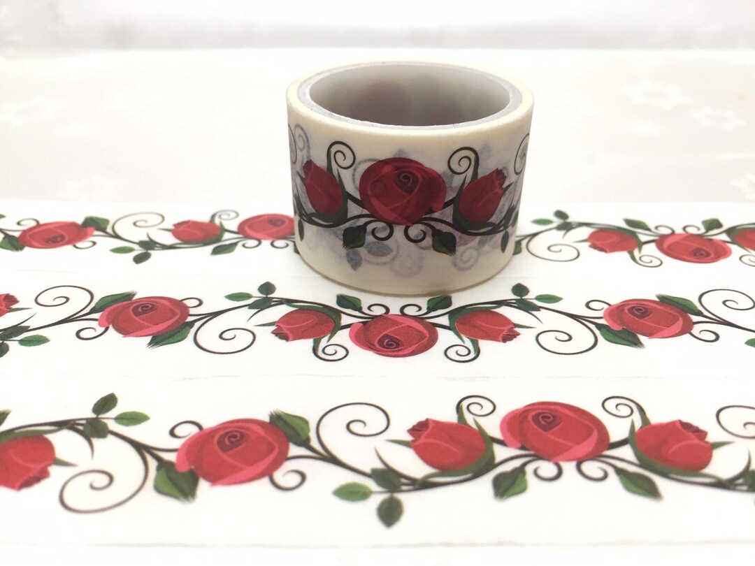 Red Rose Flower Washi Tape 2M X 2.5cm Rose Leaves Green Leaves Rose Blossom Roses Theme Masking ...