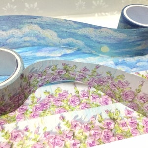 washi-tape blauwe lucht paarse bloem 3 M witte wolk maan hemel rozentuin mooie landschap olieverf decoratie tape planner sticker