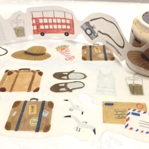 Fita washi para planejador de viagem, 5m x 3cm, ônibus de londres, reino unido, bolsa de bagagem retrô, câmera antiga, chapéu de palha, fita adesiva de carta de viajante