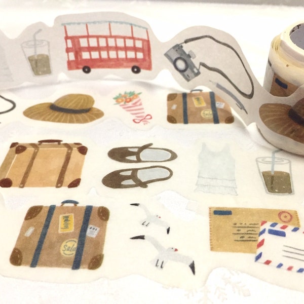 planificateur de voyage washi tape 5M x 3cm bus Londres Royaume-Uni voyage rétro sac à bagages vieux appareil photo chapeau de paille voyageur lettre autocollant ruban adhésif